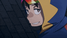 a cartoon character wearing a blue and yellow hoodie and a rainbow colored goggles