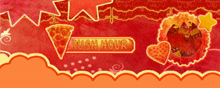 a red background with a pizza and the words rush hour