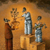a cartoon of a man giving a trophy to two karate fighters