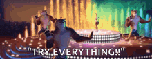 a group of animals are dancing on a stage with the words " try everything " written on the bottom