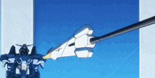a robot with a sword is flying through the air with a blue sky in the background