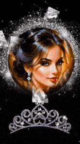 a painting of a woman wearing a tiara on a black background