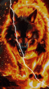 a wolf is surrounded by fire and lightning with a lightning bolt coming out of it 's mouth .