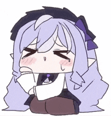 a cartoon of a girl with purple hair and a bow tie sitting down with her eyes closed .