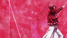 a girl in a red jacket and white skirt is dancing in front of a red background