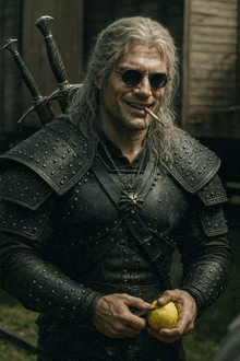 a man smoking a cigarette and holding a lemon