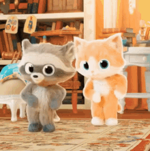 a raccoon and a cat standing next to each other in a room
