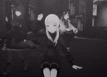 a group of anime girls are dancing in a dark room