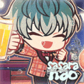 a cartoon drawing of a boy holding a beer mug with the name sasara nao written below him