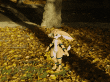 a cartoon rabbit is standing on a pile of leaves
