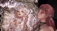 two dolls are playing with bubbles and one has a magnifying glass in her mouth