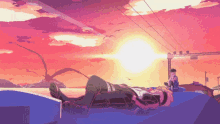 a cartoon drawing of a man laying on a roof with the sun setting in the background