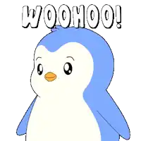 a cartoon penguin with the word woohoo written above it