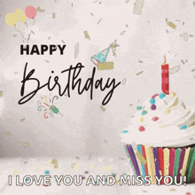 a birthday card with a cupcake and a candle and the words `` happy birthday i love you and miss you ''