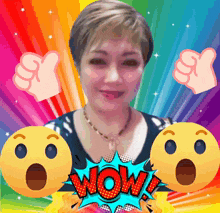 a woman is surrounded by smiley faces and the word wow is in the middle