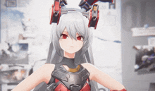 a girl with white hair and red eyes is wearing a red and black outfit