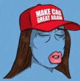 a woman wearing a red hat that says make cag great again