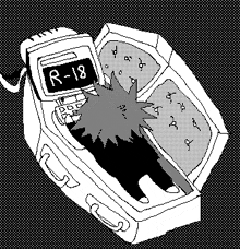 a black and white drawing of a person laying in a coffin .