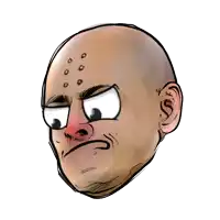 a cartoon drawing of a bald man 's head with a red nose