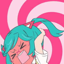 a cartoon drawing of a girl with green hair and glasses