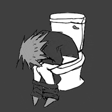 a black and white drawing of a person sitting in a toilet