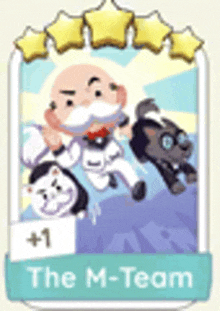 a cartoon of a man with a mustache and a dog flying in the air with the words `` the m-team '' .