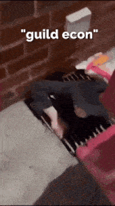 a person is laying on the ground with the words " guild econ " written above them