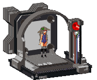 a pixel art drawing of a girl in a blue swimsuit standing in front of a machine with the number 03 on it