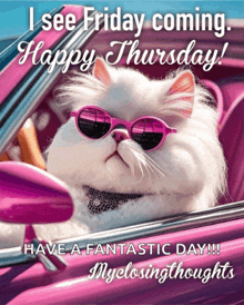 a cat wearing pink sunglasses is driving a pink car and says i see friday coming happy thursday