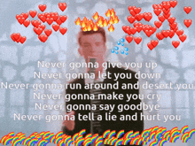 a man singing into a microphone with hearts around him and the words never gonna give you up