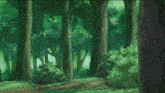 a woman with purple hair is flying through the woods with a broom