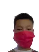 a young boy wearing a pink face mask that says ' n95 ' on the front
