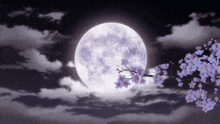 a full moon in a cloudy night sky with a tree branch with flowers in front of it