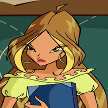 a cartoon of a girl with long hair holding a blue book