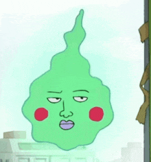 a green cartoon character with a face is sitting on a window .