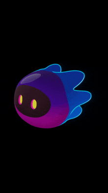 a purple and blue cartoon character with yellow eyes