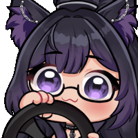 a cartoon drawing of a girl with purple eyes holding a black steering wheel