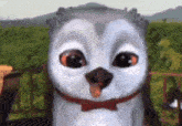 a cartoon penguin wearing a bow tie and a red collar is looking at the camera .