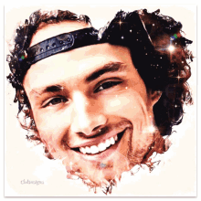 a painting of a man 's face with the word clubdesigns on the bottom right