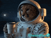 a cheetah in a space suit is holding a cup