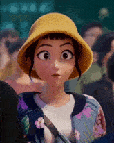 a cartoon girl wearing a yellow hat and a jacket with flowers on the sleeves