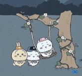 three cartoon characters are sitting on a tree branch swing