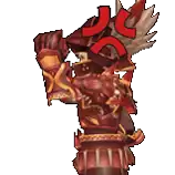 a cartoon character is wearing a red and gold armor and has a feathered hat on his head .