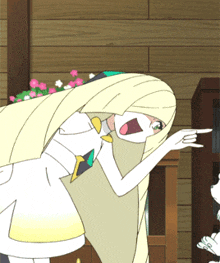 a cartoon drawing of a woman with long blonde hair pointing