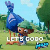 a mojo swoptops advertisement with a boy and a bird