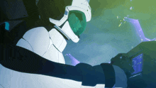 a cartoon character wearing a helmet and goggles looks at a screen