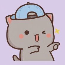 a cartoon cat is wearing a blue hat and making a funny face .