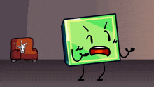 a cartoon character with a green square face and arms and legs