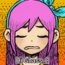 a cartoon of a girl with pink hair saying hi chass .