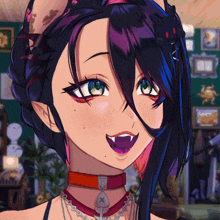 a close up of a girl with purple hair and a choker with a cross on it